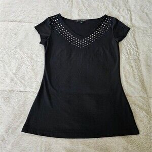Ladies Black V-Neck T-shirt with Rhinestone neckline. Size Small